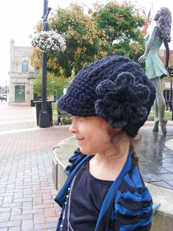 Black & charcoal gray flower beanie winter hat