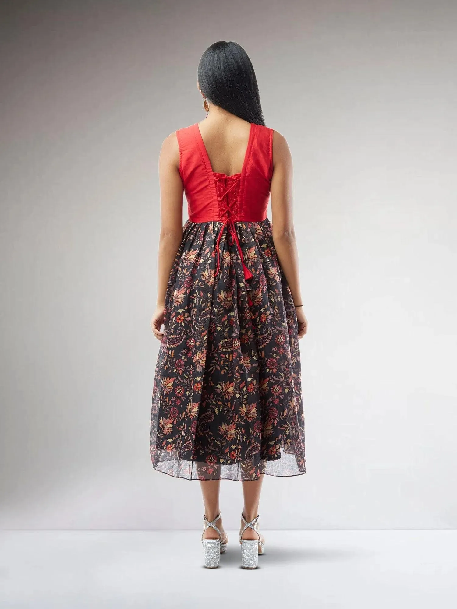 Black and Red Chanderi Printed Indo Western Dress