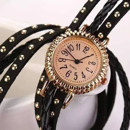 Bohemian Leather Wrap Bracelet Watch in Black