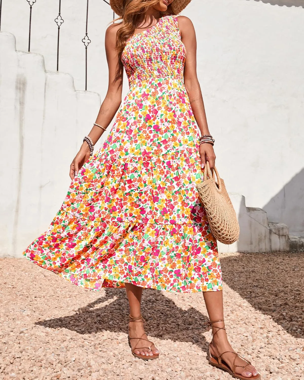 BTFBM 2025 Summer One Shoulder Dresses for Women Casual Sleeveless High Waist Floral Flowy Smocked Boho Beach Maxi Dress