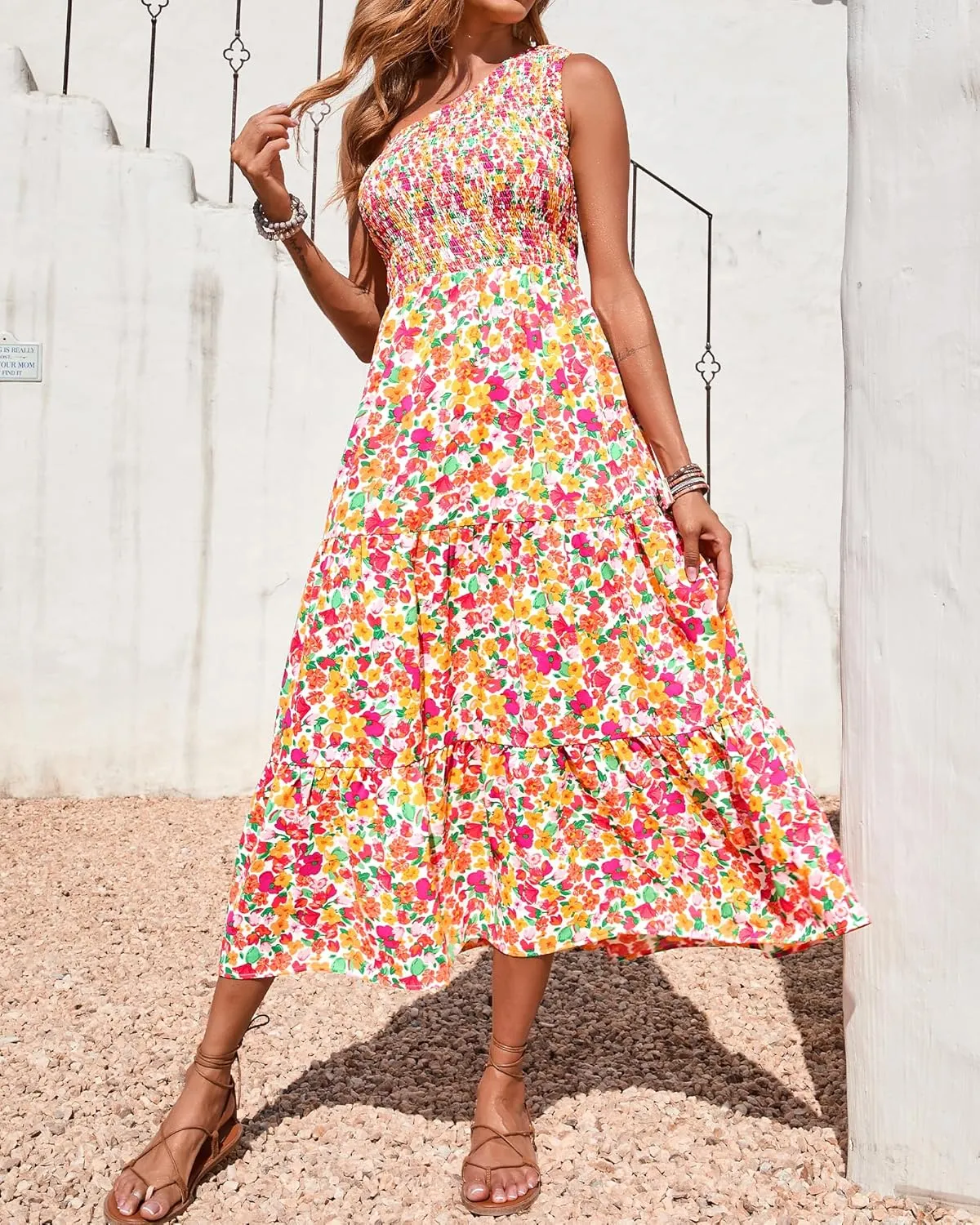 BTFBM 2025 Summer One Shoulder Dresses for Women Casual Sleeveless High Waist Floral Flowy Smocked Boho Beach Maxi Dress