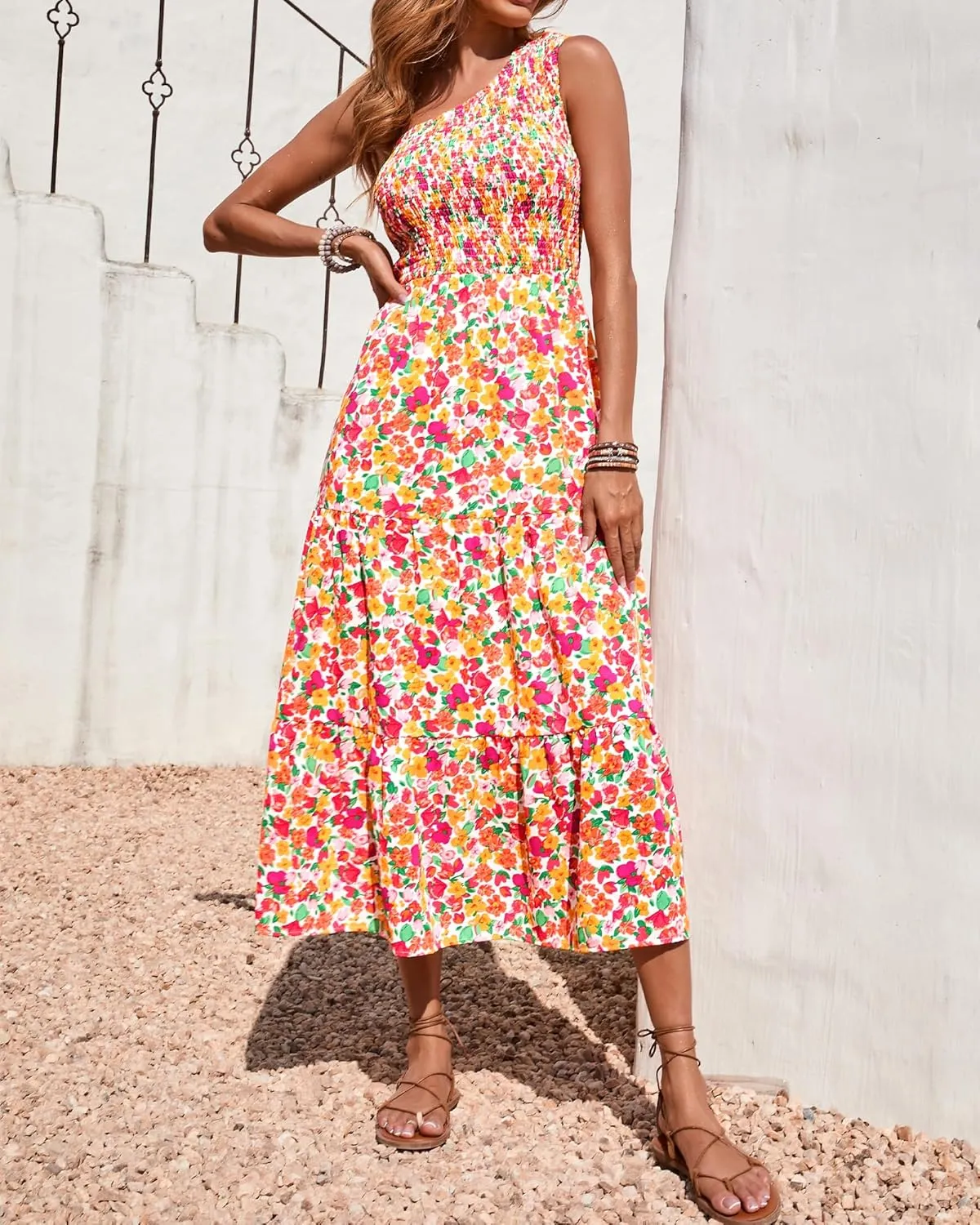 BTFBM 2025 Summer One Shoulder Dresses for Women Casual Sleeveless High Waist Floral Flowy Smocked Boho Beach Maxi Dress
