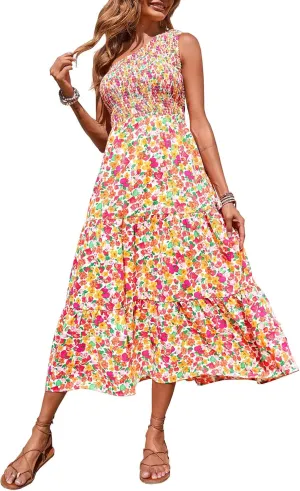 BTFBM 2025 Summer One Shoulder Dresses for Women Casual Sleeveless High Waist Floral Flowy Smocked Boho Beach Maxi Dress