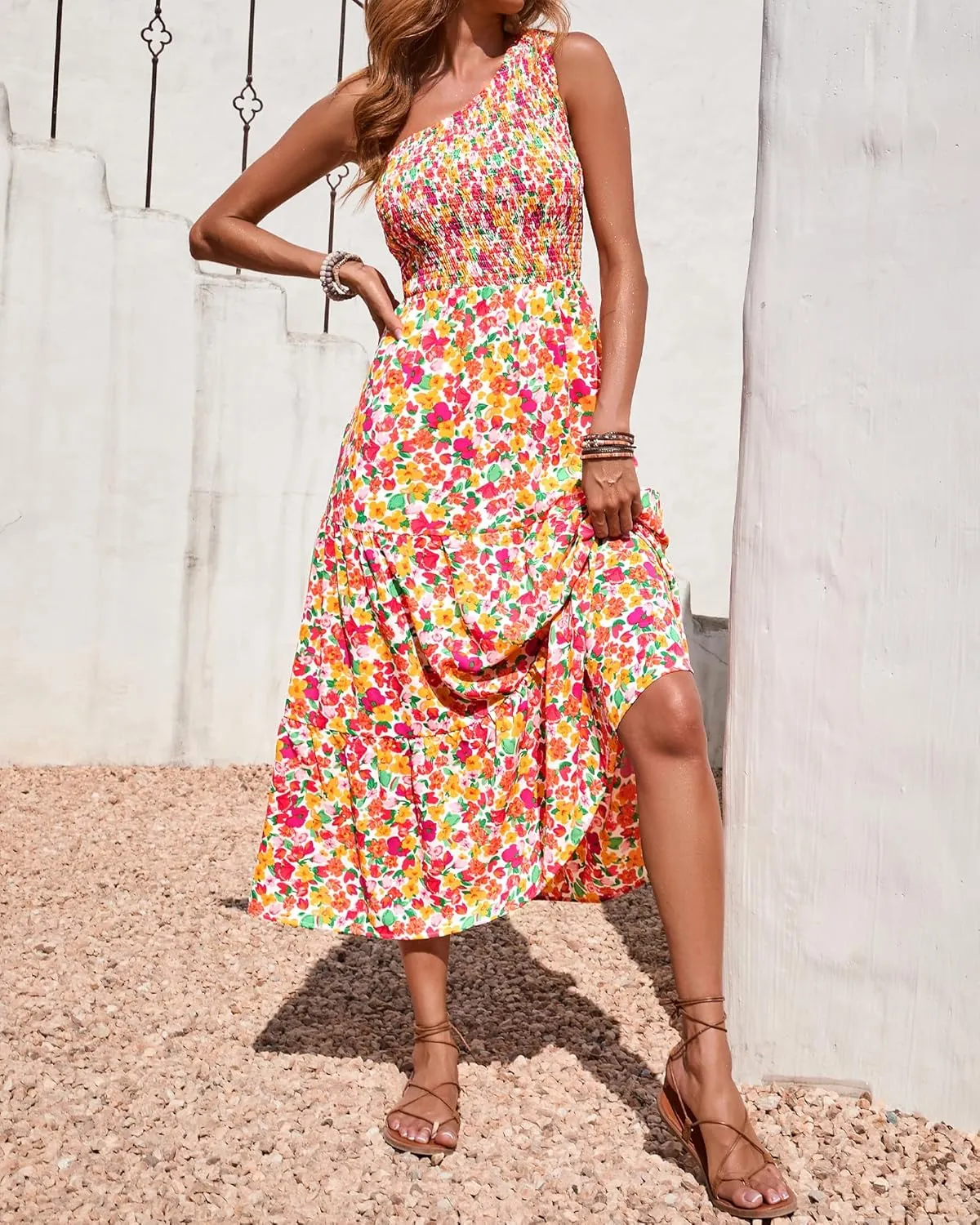 BTFBM 2025 Summer One Shoulder Dresses for Women Casual Sleeveless High Waist Floral Flowy Smocked Boho Beach Maxi Dress