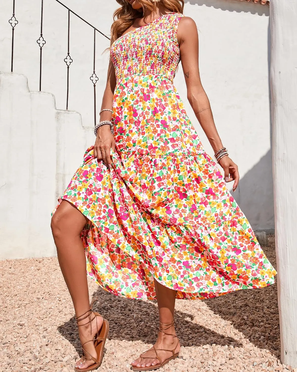 BTFBM 2025 Summer One Shoulder Dresses for Women Casual Sleeveless High Waist Floral Flowy Smocked Boho Beach Maxi Dress