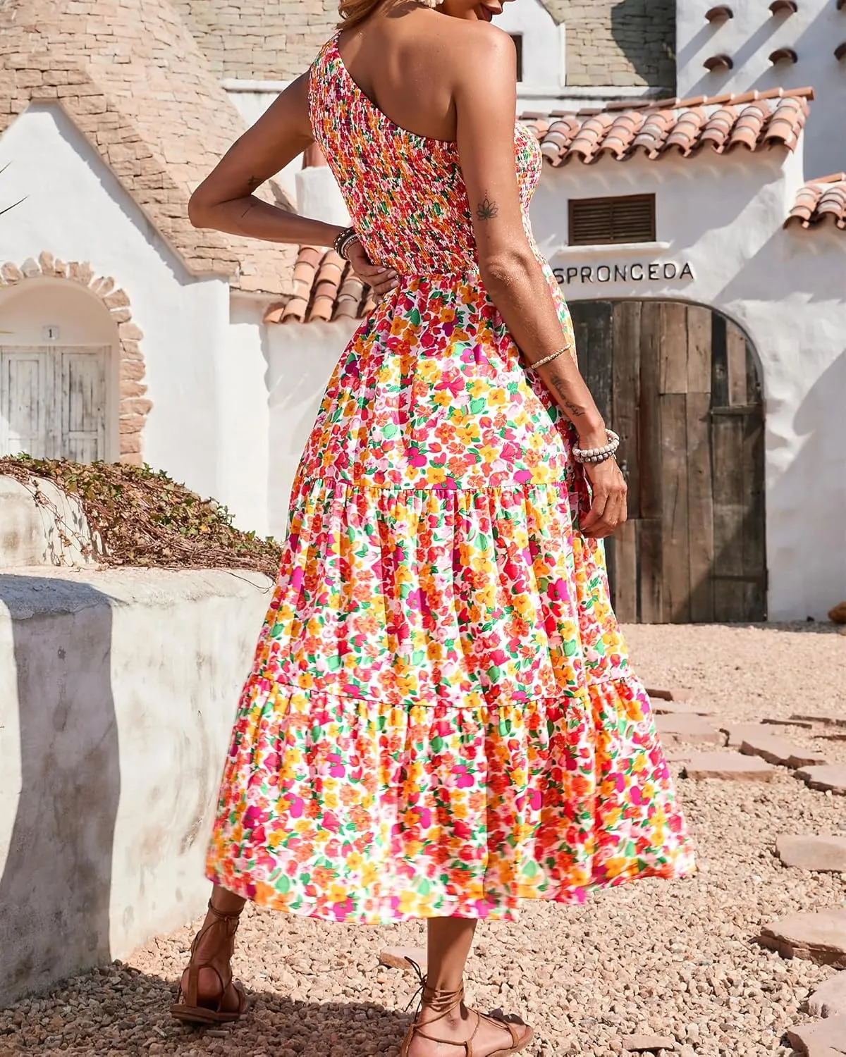 BTFBM 2025 Summer One Shoulder Dresses for Women Casual Sleeveless High Waist Floral Flowy Smocked Boho Beach Maxi Dress