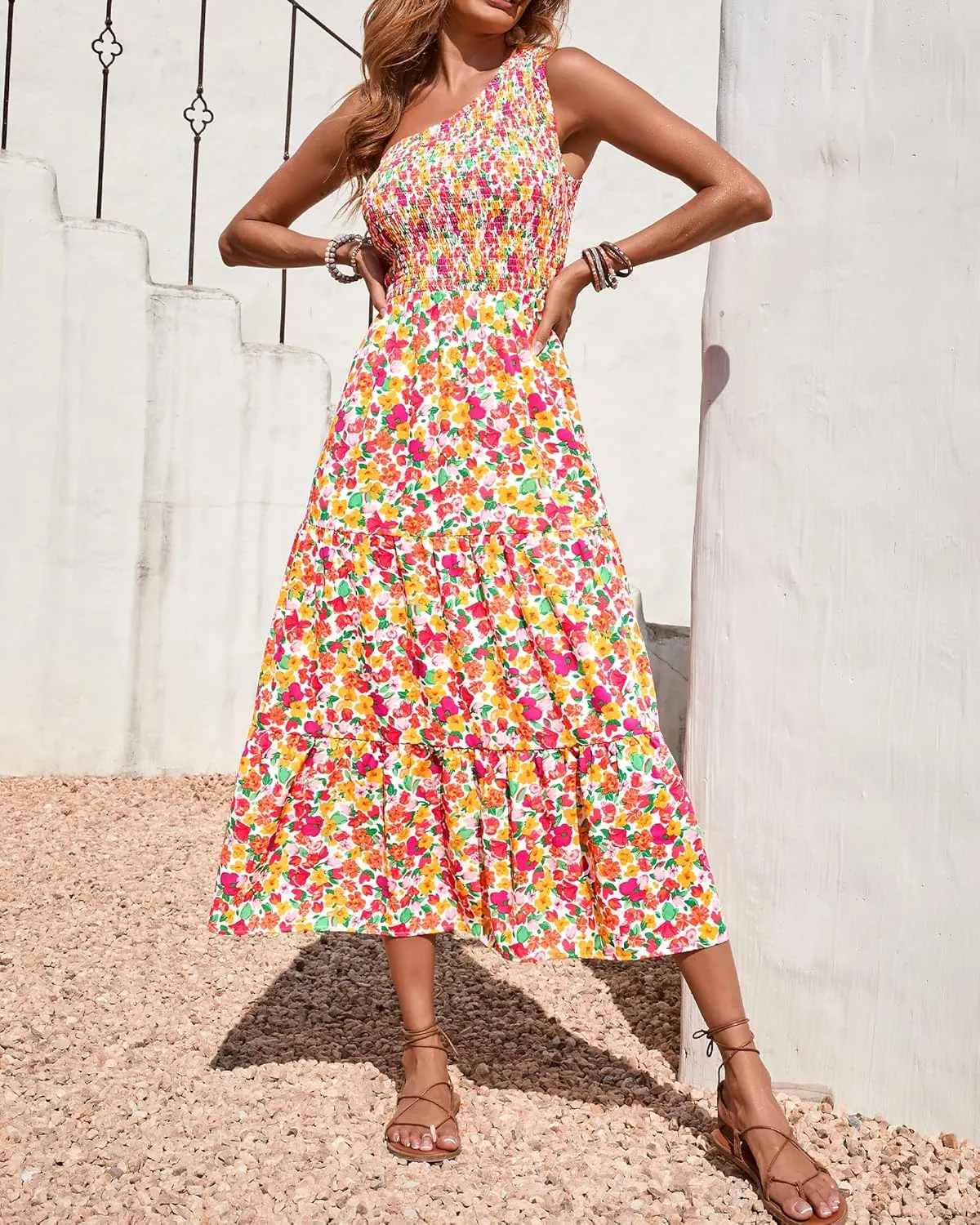 BTFBM 2025 Summer One Shoulder Dresses for Women Casual Sleeveless High Waist Floral Flowy Smocked Boho Beach Maxi Dress