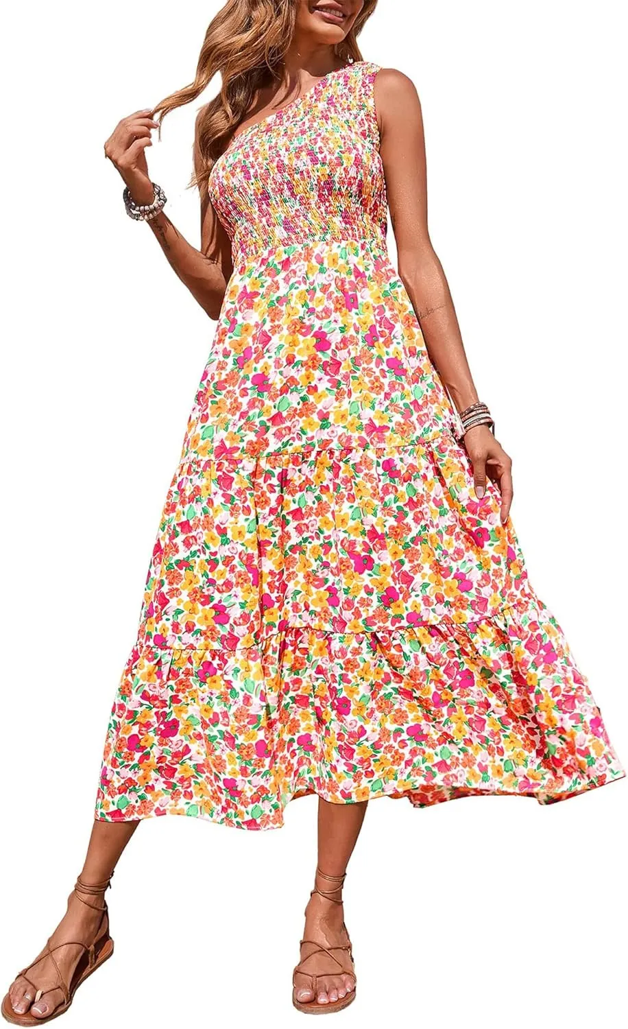 BTFBM 2025 Summer One Shoulder Dresses for Women Casual Sleeveless High Waist Floral Flowy Smocked Boho Beach Maxi Dress
