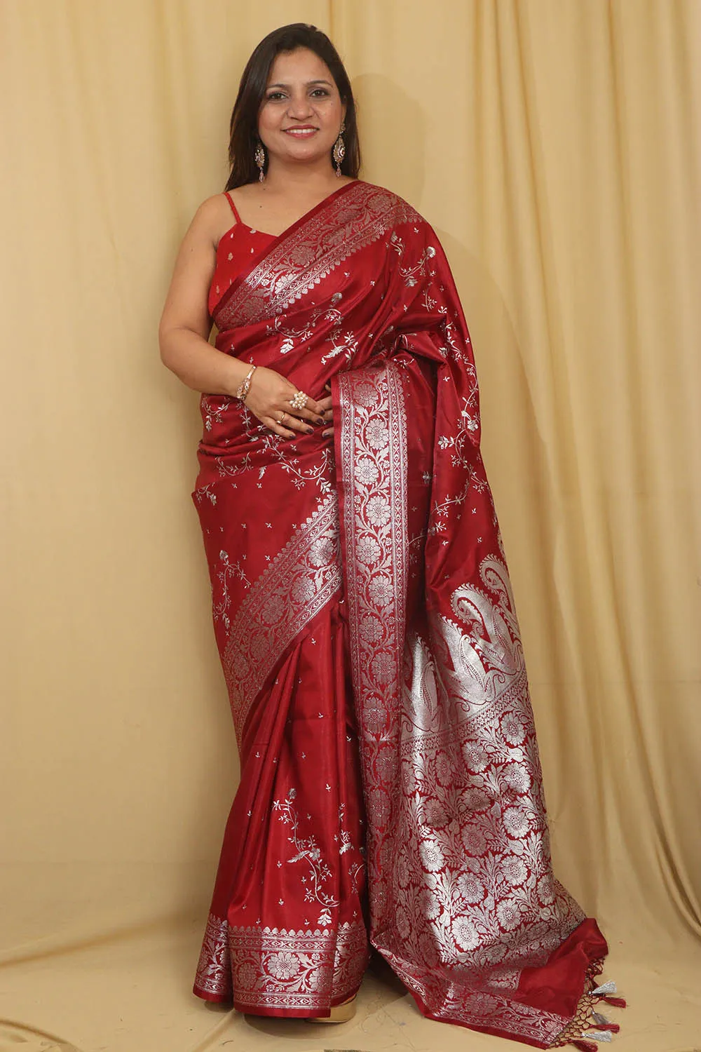 Elegant Maroon Banarasi Embroidered Satin Silk Saree