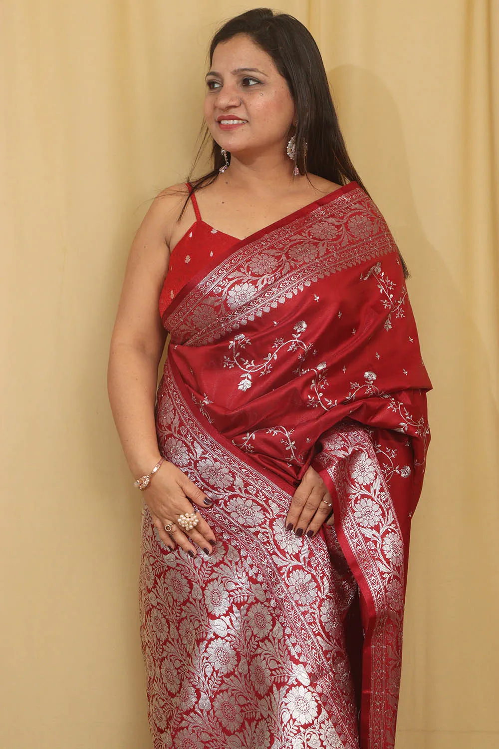 Elegant Maroon Banarasi Embroidered Satin Silk Saree