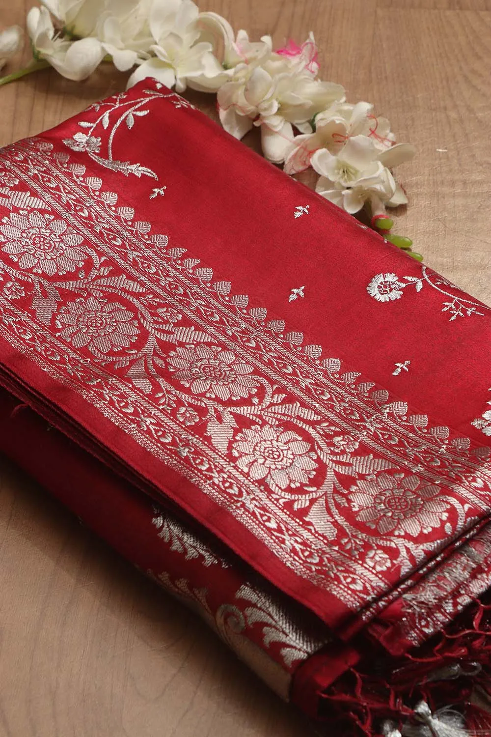 Elegant Maroon Banarasi Embroidered Satin Silk Saree