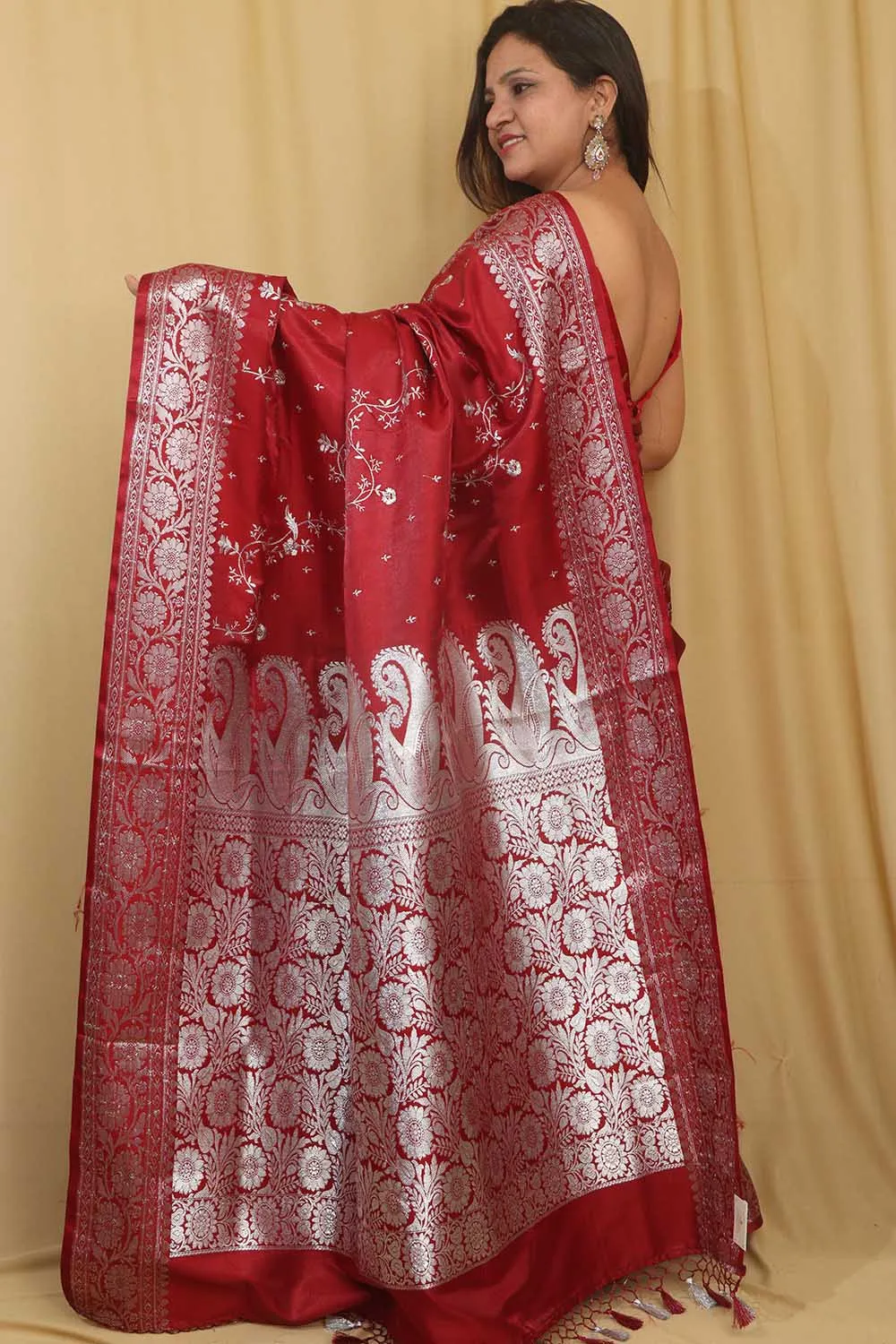 Elegant Maroon Banarasi Embroidered Satin Silk Saree