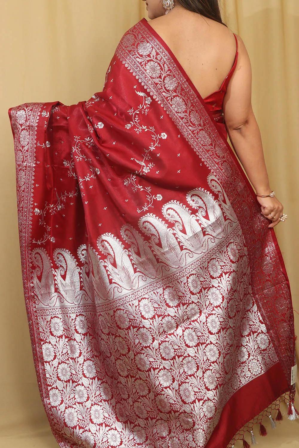 Elegant Maroon Banarasi Embroidered Satin Silk Saree