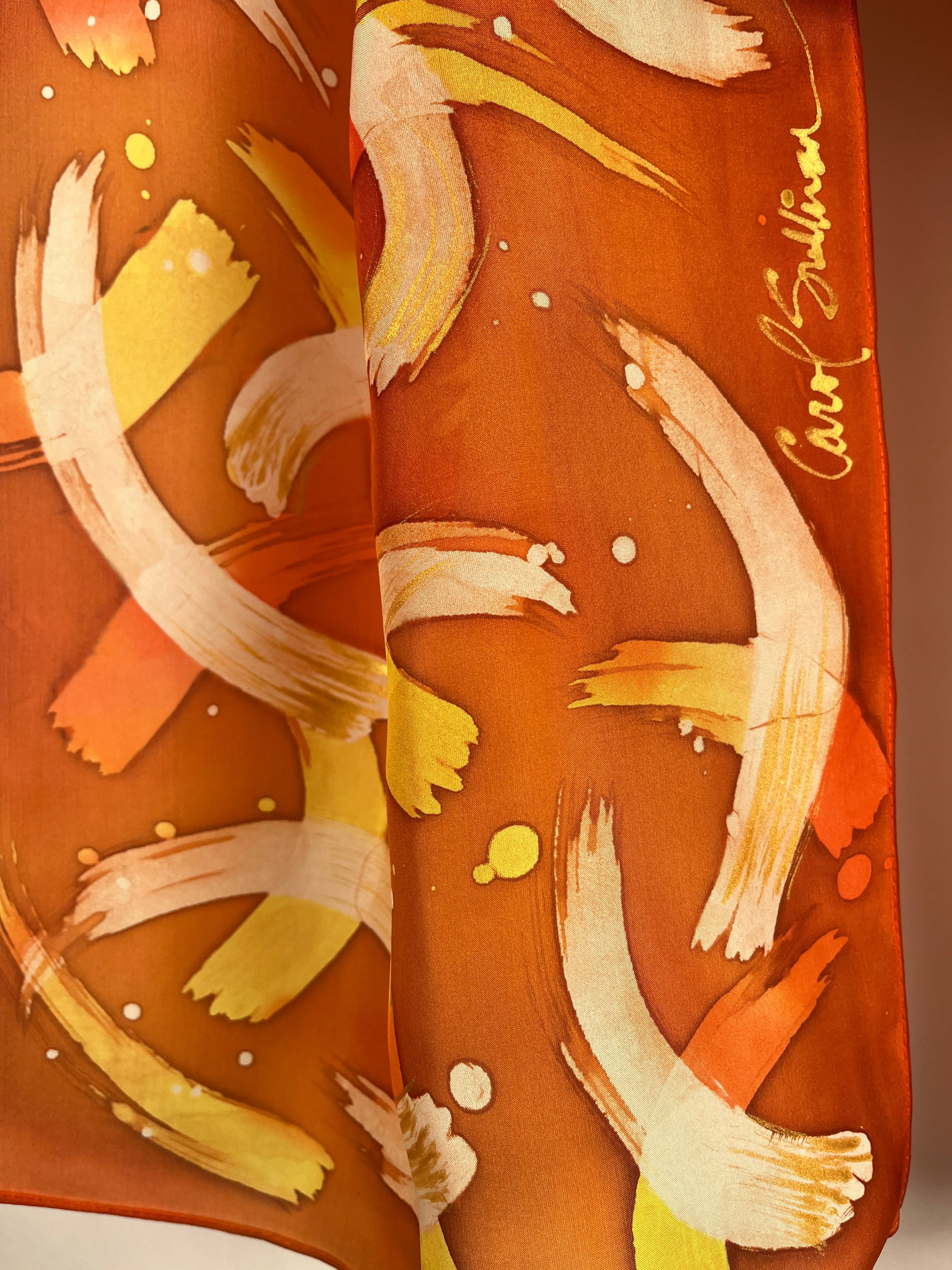 “Fiery Wisps w/ Gold” - Hand-dyed Silk Scarf - $125