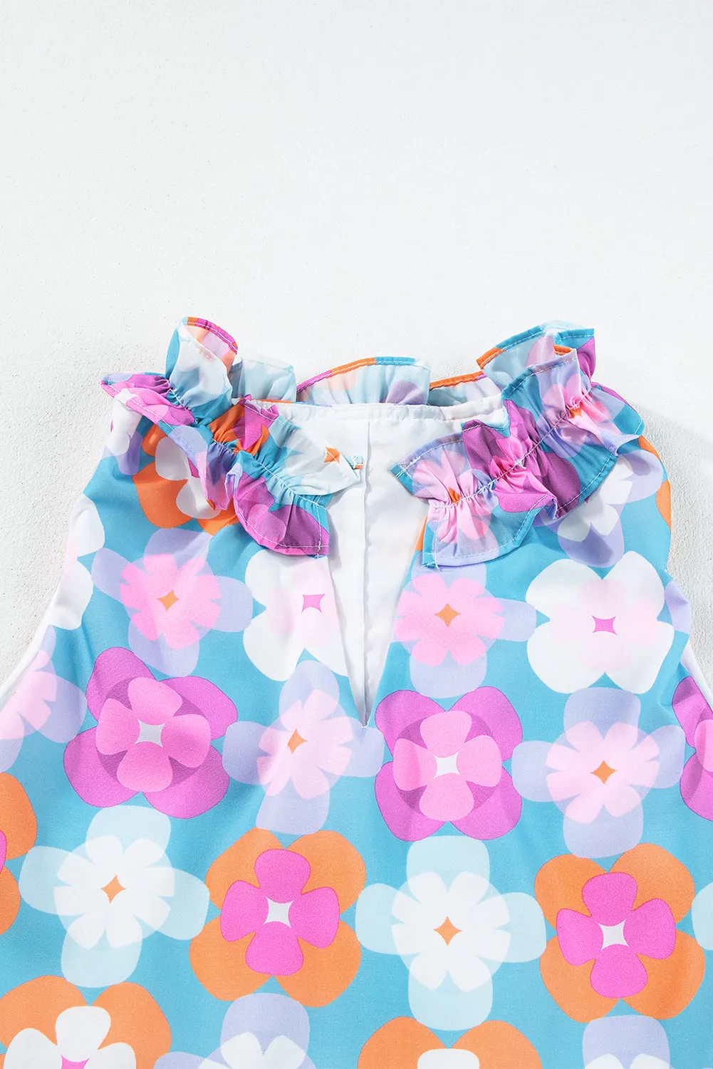 Floral Print Frilly Neck Sleeveless Tiered Maxi Dress