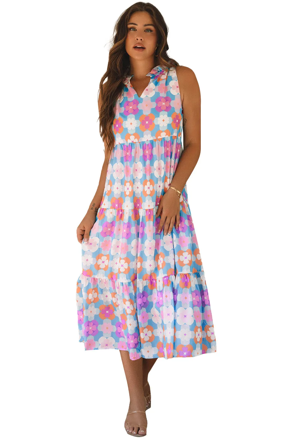 Floral Print Frilly Neck Sleeveless Tiered Maxi Dress