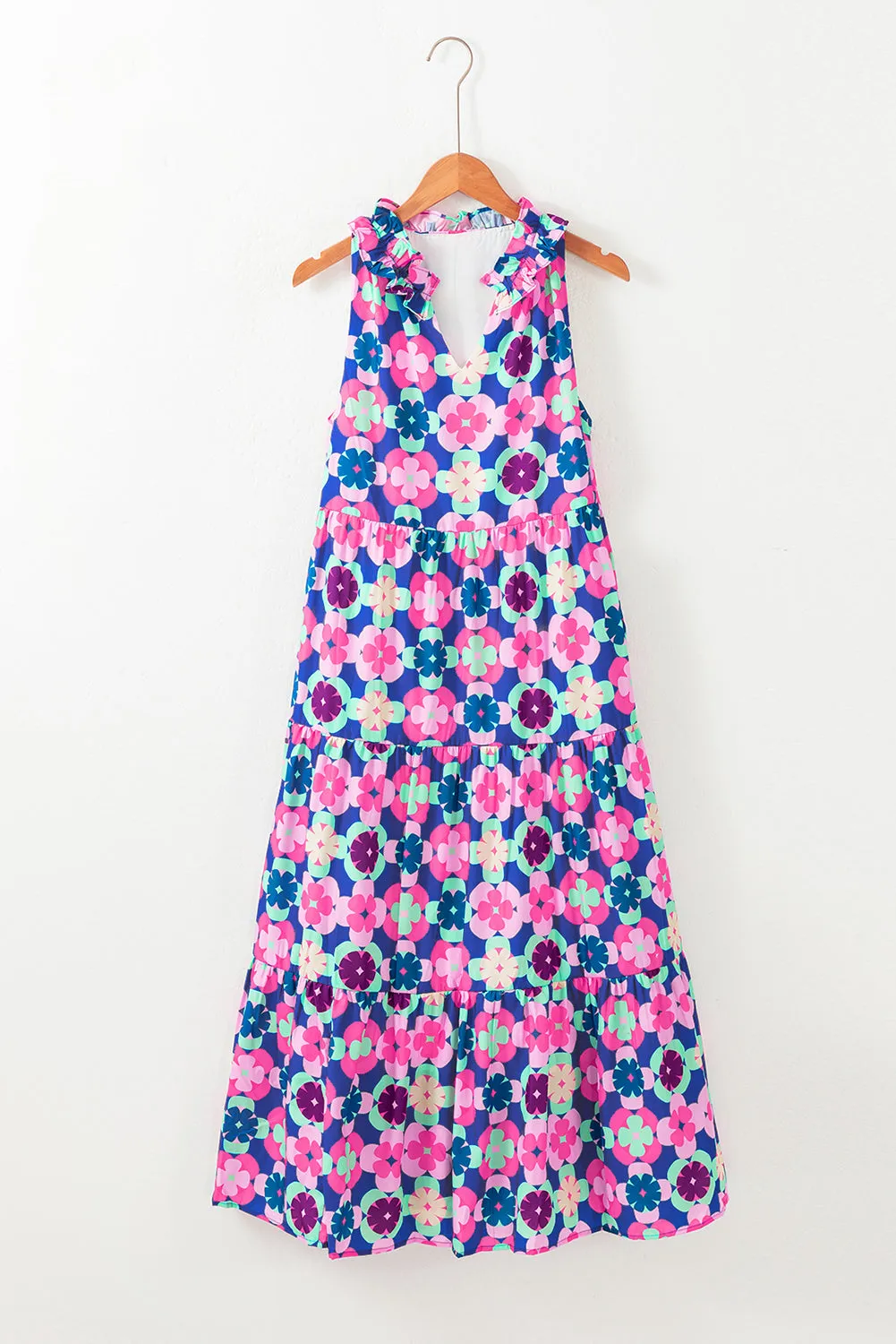 Floral Print Frilly Neck Sleeveless Tiered Maxi Dress