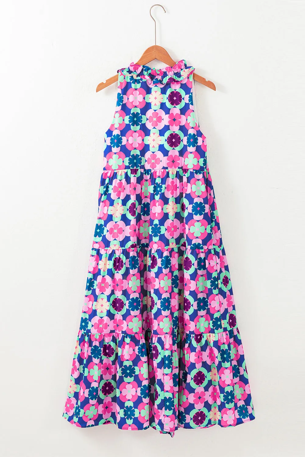 Floral Print Frilly Neck Sleeveless Tiered Maxi Dress