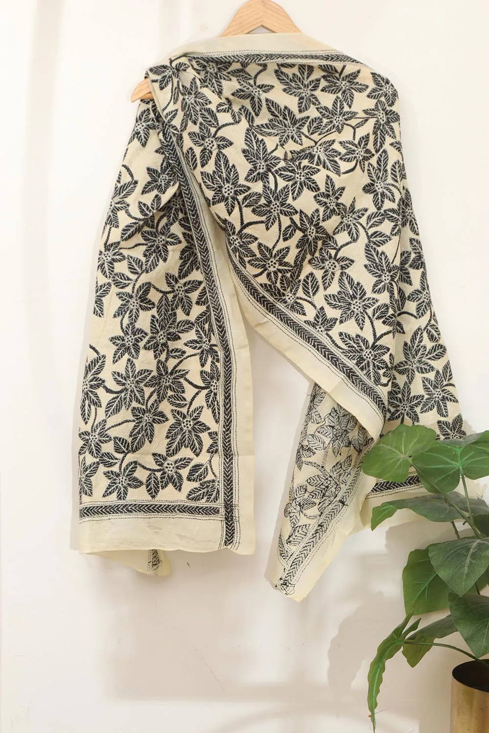 Pastel And Black Hand Embroidered Kantha Tussar Silk Stole