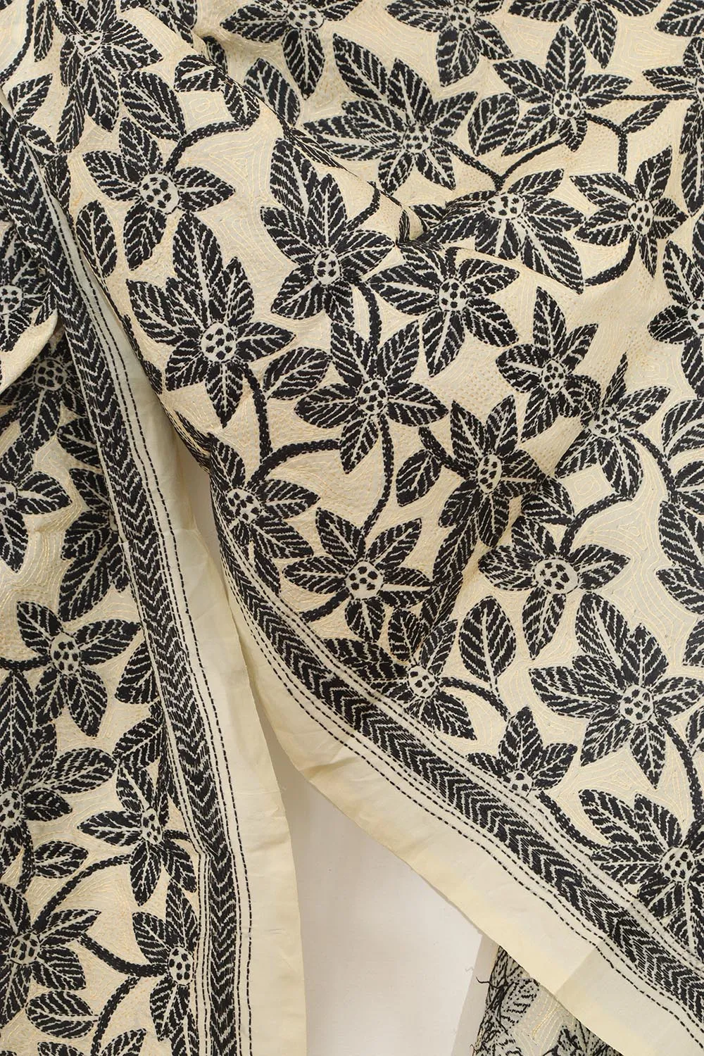 Pastel And Black Hand Embroidered Kantha Tussar Silk Stole