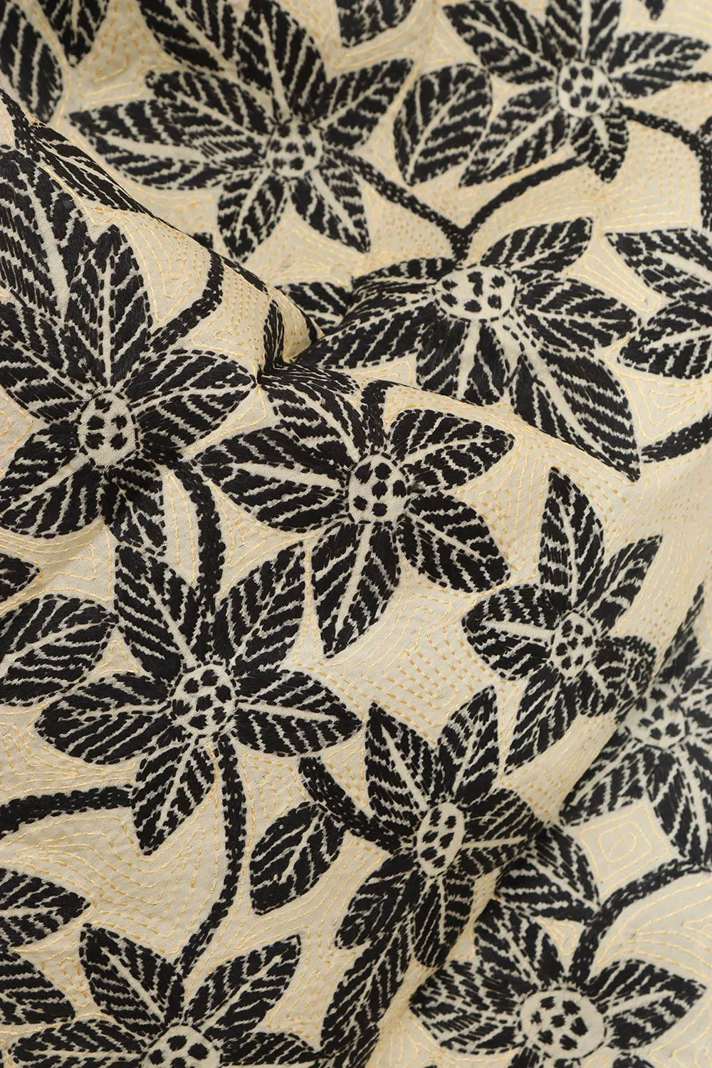 Pastel And Black Hand Embroidered Kantha Tussar Silk Stole
