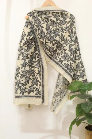 Pastel And Black Hand Embroidered Kantha Tussar Silk Stole