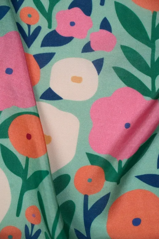 Persean Green Blotchy Floral Pattern Printed Natural Muslin Silk Fabric