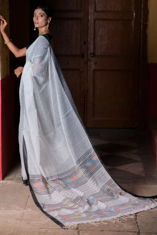 Soft & Graceful. Pure Handwoven Resham Cotton Saree (With Blouse Piece) - White & Black