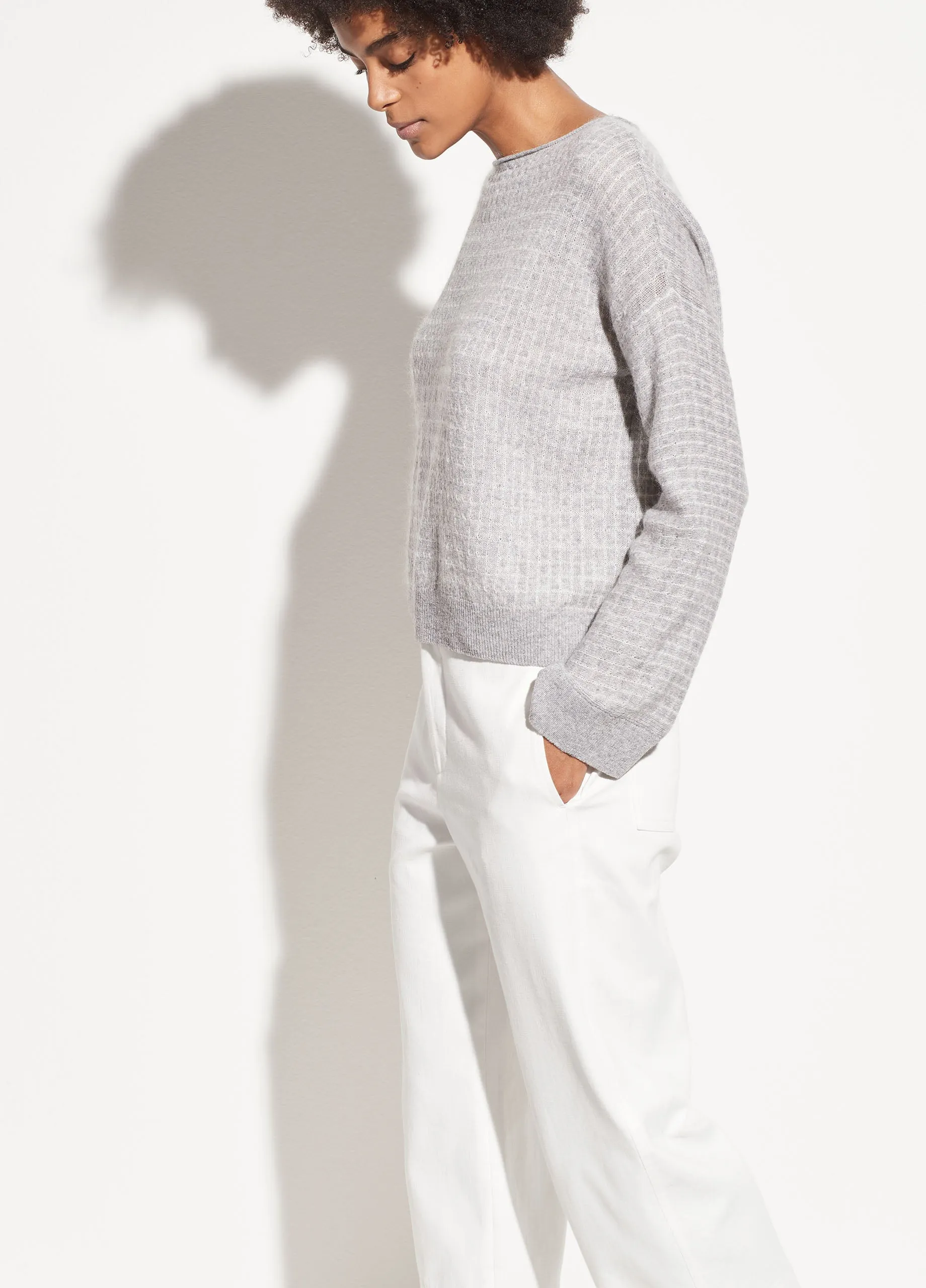 Texture Grid Boatneck in Heather Steel/Cream