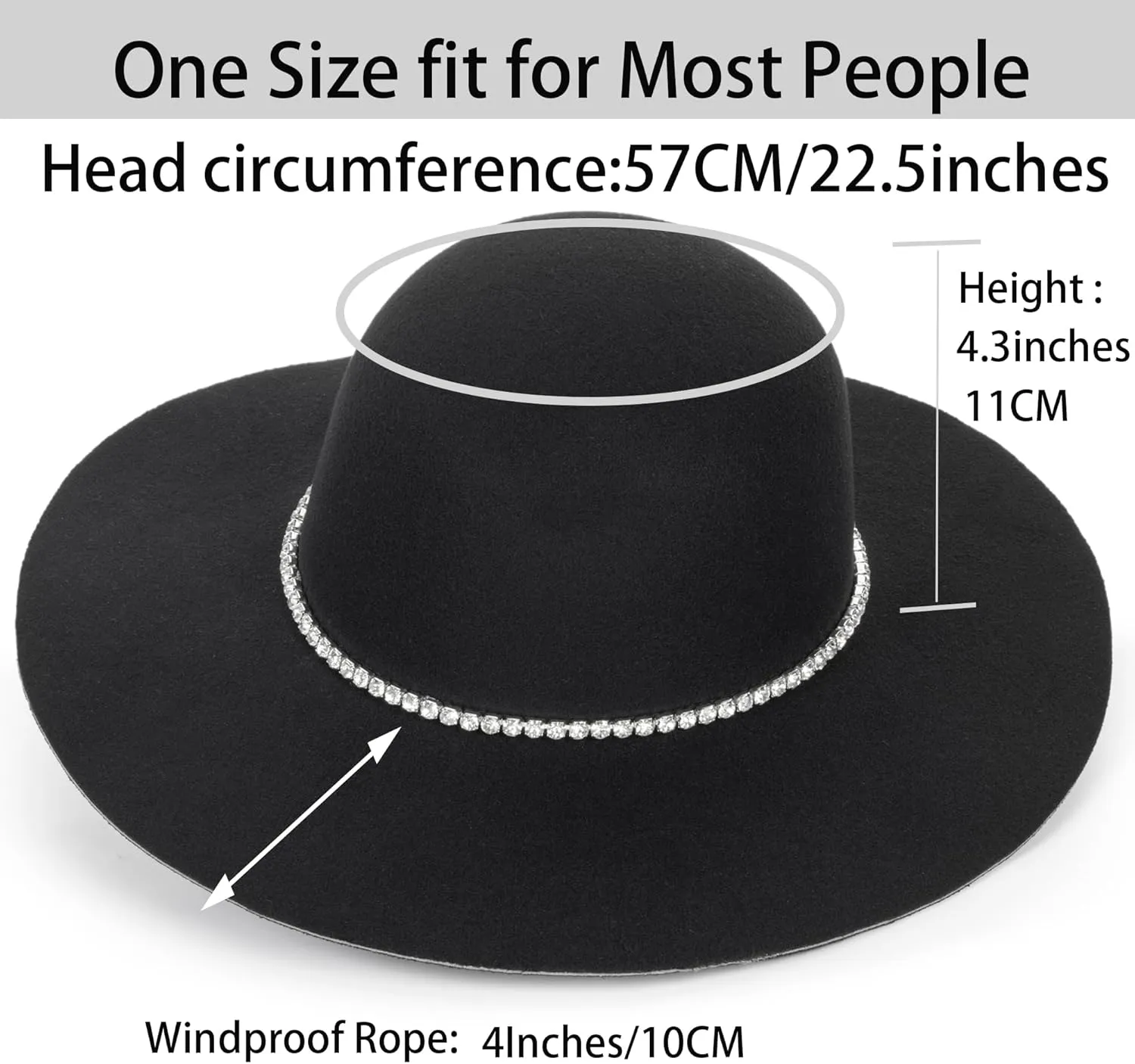 UTOWO Women Fedora-Hat Wide-Brim Felt Hat with Rhinestone Wedding Elegant Floppy Felt Hat Small Black