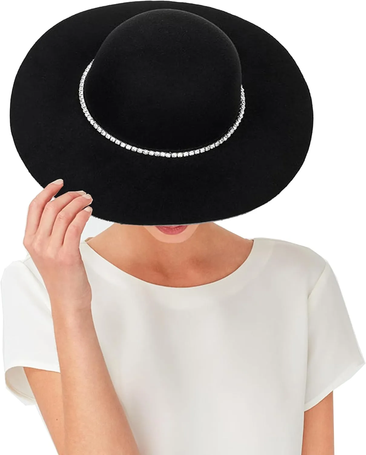 UTOWO Women Fedora-Hat Wide-Brim Felt Hat with Rhinestone Wedding Elegant Floppy Felt Hat Small Black