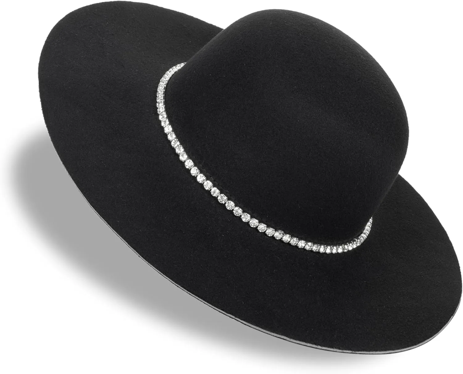 UTOWO Women Fedora-Hat Wide-Brim Felt Hat with Rhinestone Wedding Elegant Floppy Felt Hat Small Black