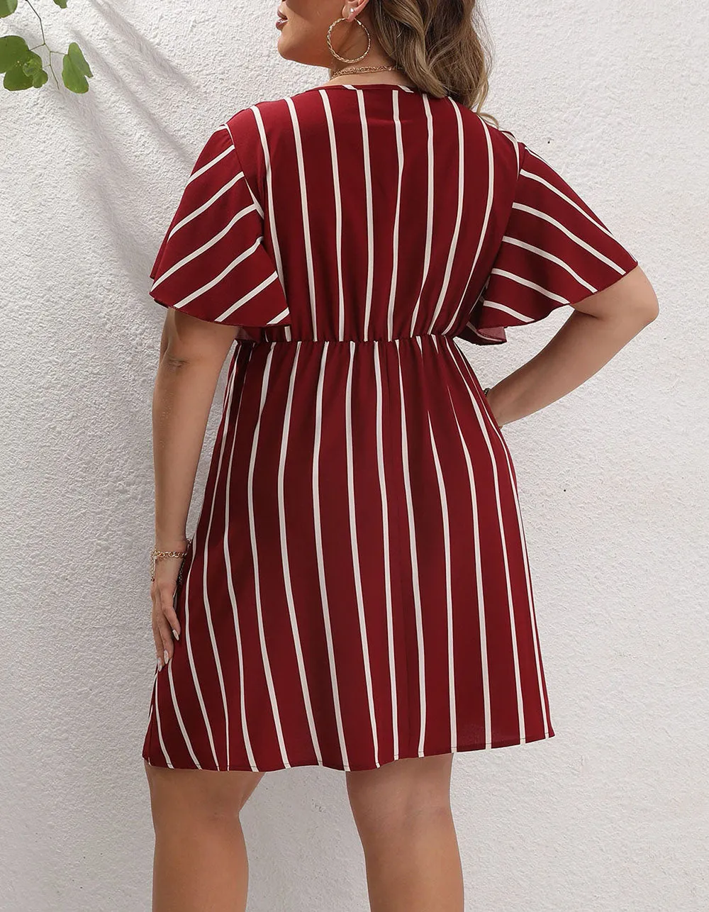 V Neck Plus Size Striped Loose Short Sleeve A-Line Dresses