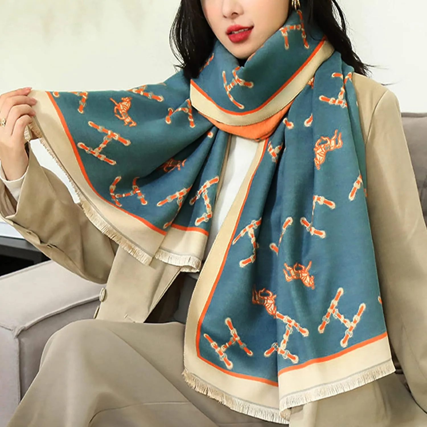 Winter Scarf Cashmere Shawl Women Retro Horse Letter Pattern Warm Pashmina Scarves With Tassel Soft Long Wrap Stole